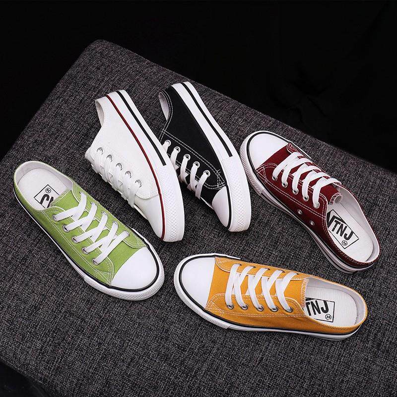 无后跟帆布鞋女潮春夏新款学生韩版百搭懒人板鞋子半拖小白鞋