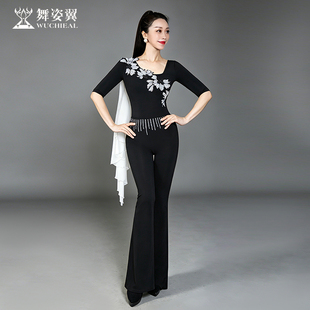 舞姿翼2026夏季新款黑白带飘纱花朵绣花连裆练功服形体衣套装