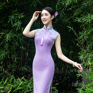 烟雨江南新中式无袖京派淡紫旗袍走秀晚宴形体礼仪中式礼服XT1560