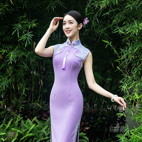 烟雨江南新中式无袖京派淡紫旗袍走秀晚宴形体礼仪中式礼服XT1560