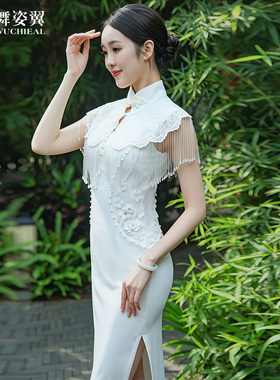 大码新中式妈妈装无袖京派缎面蓝色旗袍走秀晚宴XT1206