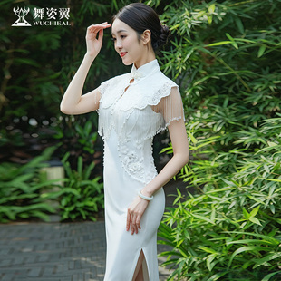 大码新中式妈妈装无袖京派缎面蓝色旗袍走秀晚宴XT1206