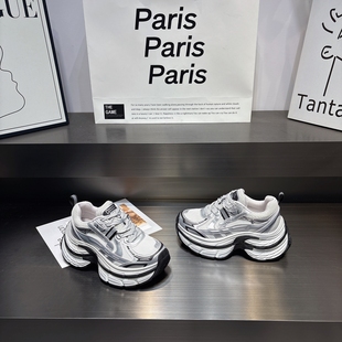 小个子6cm增高软底休闲运动鞋 新款 女2026春季 真皮透气厚底老爹鞋