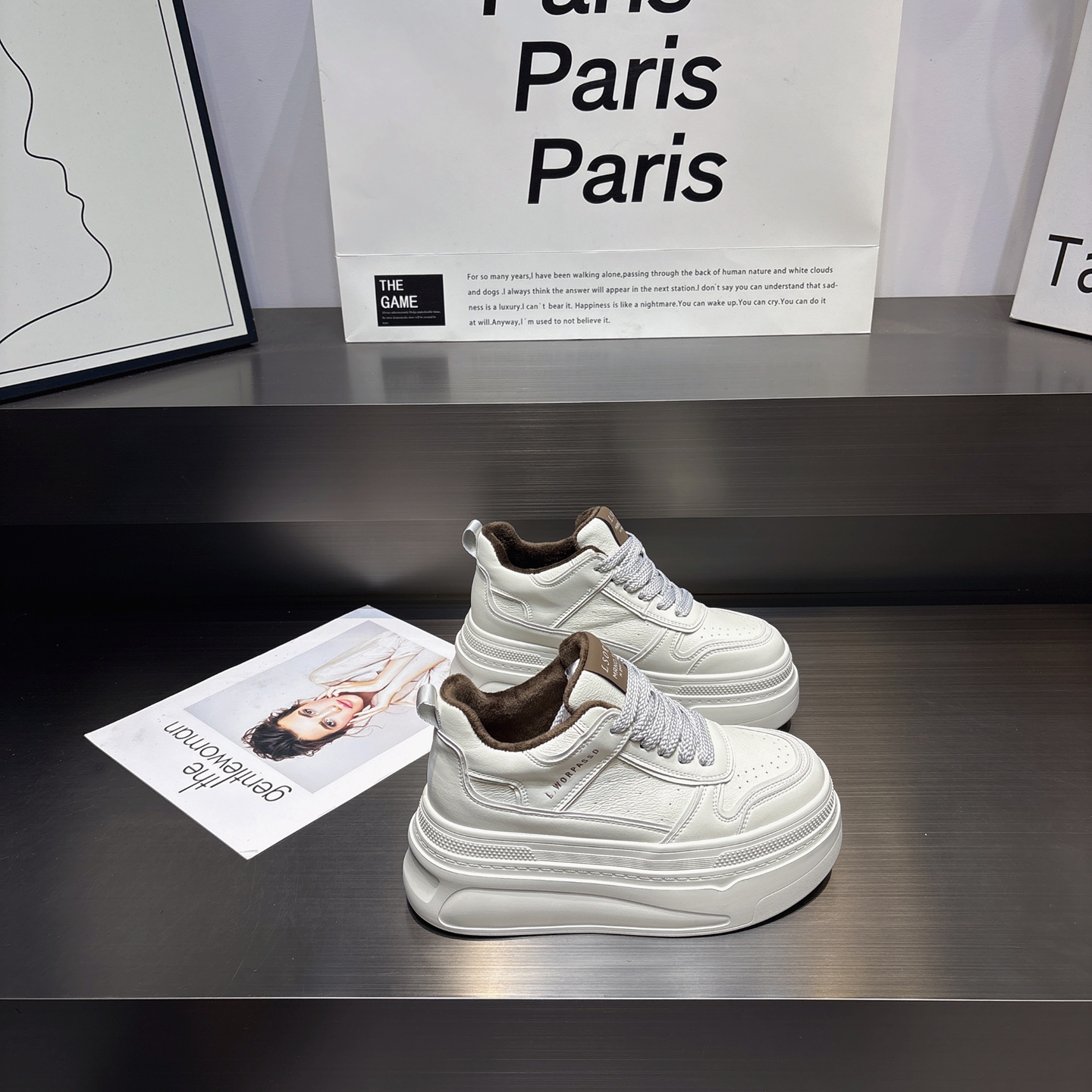 真皮加绒增高显瘦系带休闲小白鞋