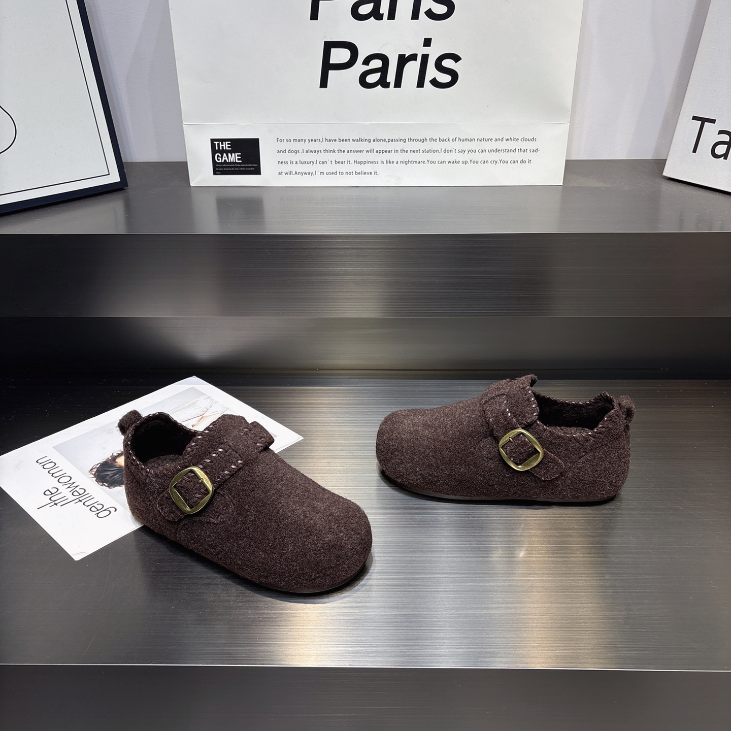 魔术贴毛呢加绒厚底保暖勃肯鞋女