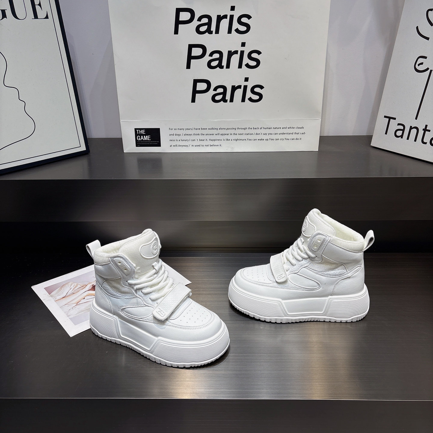 真皮加绒轻便软底系带高帮小白鞋