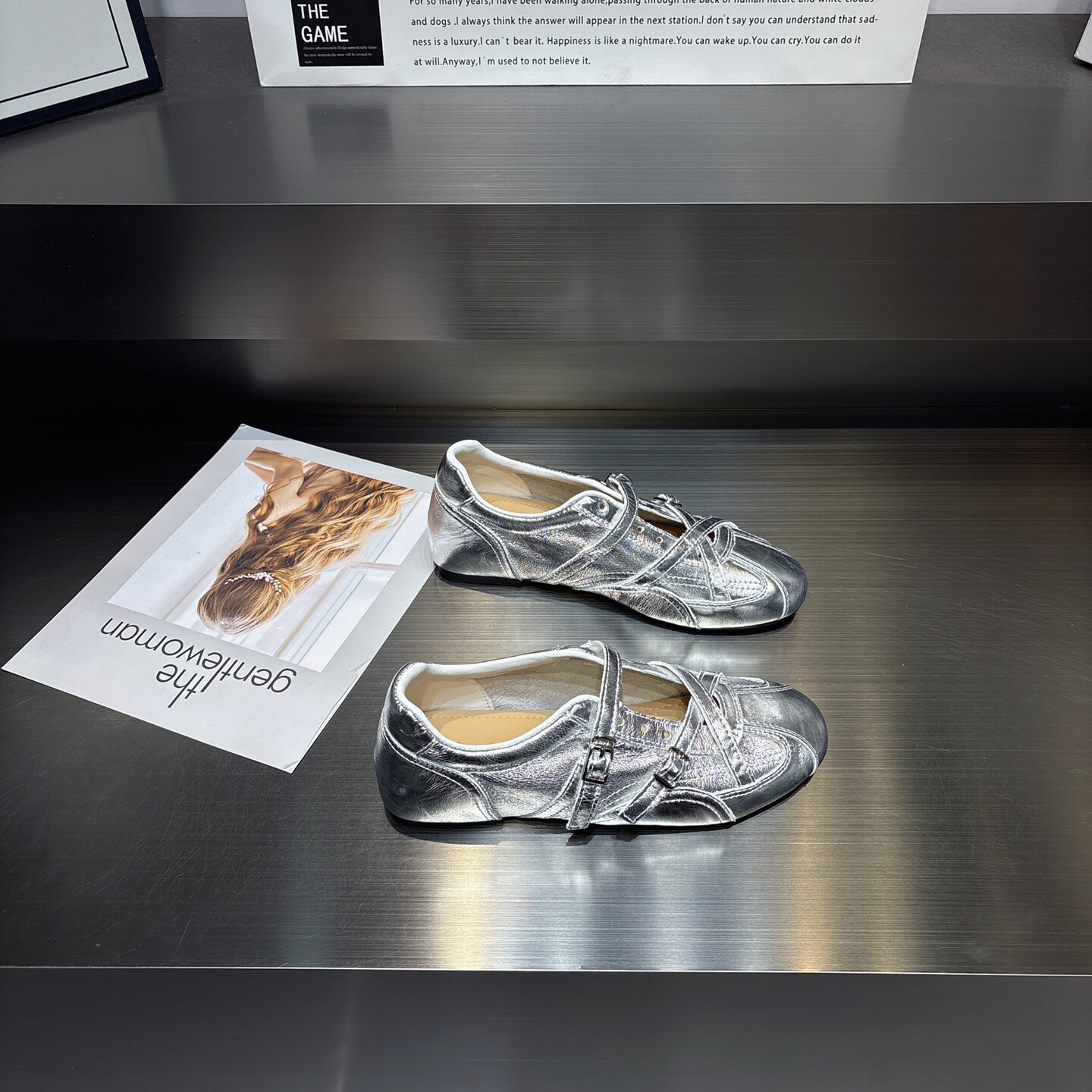 头层牛皮一字扣浅口芭蕾鞋女2026新款时尚百搭增高软底银色德训鞋