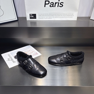 英伦风牛皮加绒小皮鞋女2025冬季新款皮带扣显瘦百搭保暖乐福鞋女