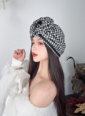 CREAMPP 原创小众欧美复古千鸟格手工盘花包头帽珠缀边慵懒头巾帽