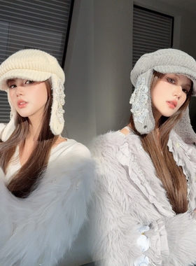 NIUYANG 独立原创潮款加绒前进帽蕾丝串珠重工复古护耳羊毛贝雷帽