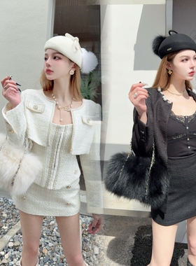 CREAMPP 设计师进口芬兰白狐柔密皮草流苏钻链高档时尚手提小方包