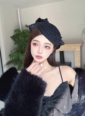 CREAMPP 原创层次感镂空亮丝圆形澳毛呢定型礼帽后背蝴蝶结发夹帽