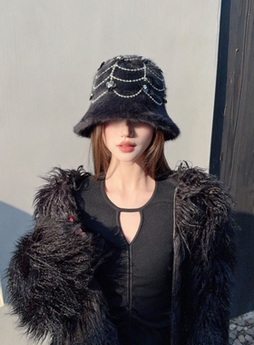 CREAMPP 原创欧式复古优雅兔毛绒渔夫帽网状镂空水晶亮片花朵盆帽