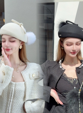 CREAMPP 原创甜美复古斜体澳毛呢蝴蝶结狐狸毛球百搭高颅顶贝雷帽