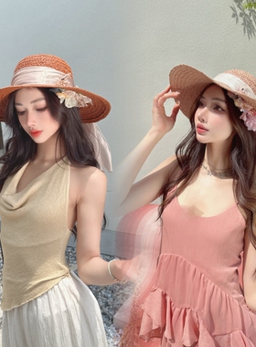 CREAMPP 独立高订特调彩色进口拉菲草阔檐盆帽檐下花飘带遮阳草帽