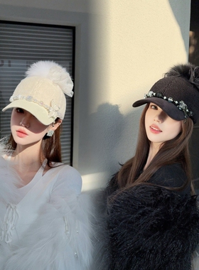 NIUYANG 原创高档羊羔绒蝴蝶系列珠钻棒球帽狐狸毛蕾丝花球鸭舌帽