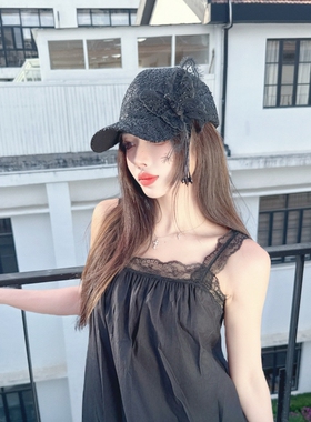 NIUYANG 原创优雅复古睫毛蕾丝刺绣流苏梦幻蝴蝶棒球帽亮片鸭舌帽