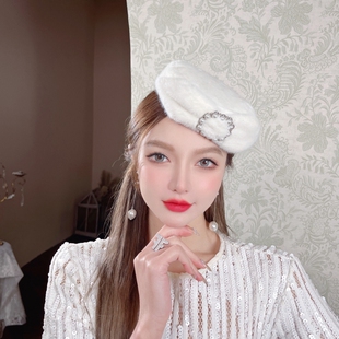 CREAMPP 原创貂绒毛圆形珠扣优雅发夹礼帽白色蝴蝶结平顶发饰帽