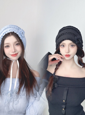 CREAMPP 原创甜美木耳花边弹力头巾帽多种造型花朵流苏吊坠包头帽