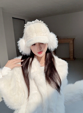 NIUYANG 设计师梦幻纯御毛绒保暖耳罩二合一层次珠钻蝴蝶结鸭舌帽