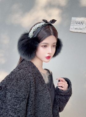 CREAMPP 设计师奢华芬兰整皮狐狸毛护耳包千金珠钻蝴蝶结保暖耳罩