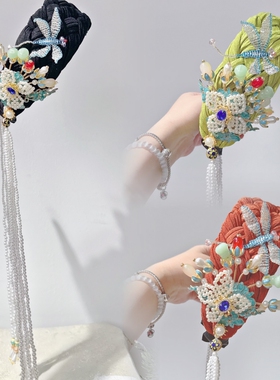 CREAMPP 重工古风串珠玉石花团锦簇双侧流苏摇曳宽版编织发箍头饰