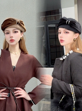 CREAMPP 原创法式复古不规则定型针织贝雷帽赫本风简约蝴蝶结礼帽