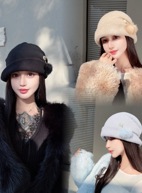 CREAMPP 原创优雅复古100%羊毛不规则翻翘后褶皱堆堆帽貂毛球盆帽