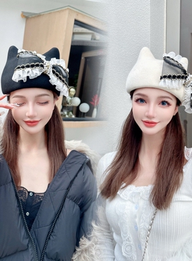 CREAMPP 原创秋冬可爱猫咪澳毛呢画家帽网纱蕾丝蝴蝶结贝雷帽