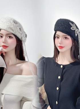 CREAMPP 原创优雅淑女气质毛圈定型侧褶画家帽流苏钻饰香风贝雷帽