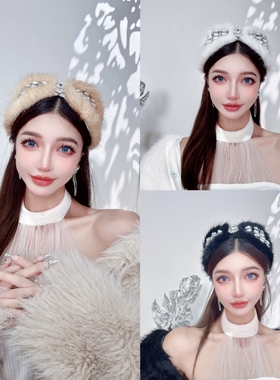 CREAMPP 原创设计秋冬貂毛手缝水滴珠X型发饰复古提花头蔲宽发箍