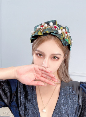 原创优雅气质复古国风提花褶皱红宝石珍珠发卡精美质感宽发箍发饰