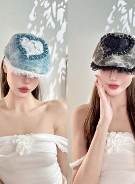 CREAMPP 设计师晕染薄牛仔蕾丝时尚复古前进帽爱心链条鸭舌贝雷帽