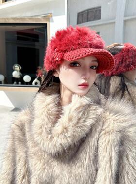CREAMPP 原创设计优雅安哥拉红手钩兔毛针织串珠流苏空顶鸭舌帽