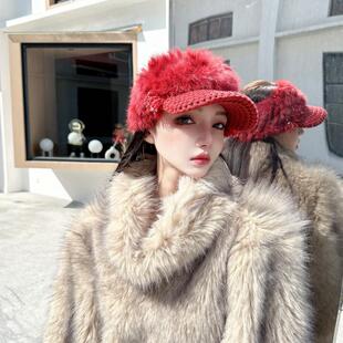 CREAMPP 原创设计优雅安哥拉红手钩兔毛针织串珠流苏空顶鸭舌帽