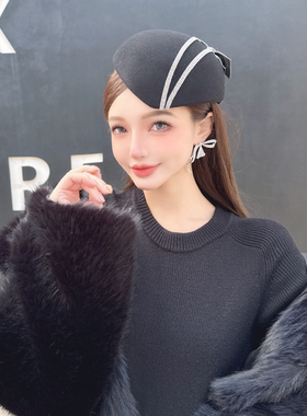 CREAMPP 原创气质澳毛呢水滴型发饰帽千金风钻饰蝴蝶结立体礼帽