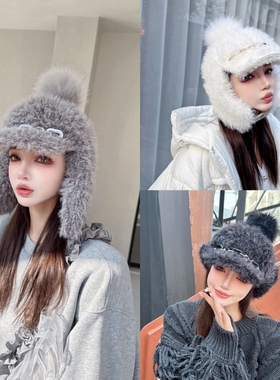 CREAMPP 原创秋冬加厚毛绒飞行员帽多用护耳保暖大毛球链条鸭舌帽