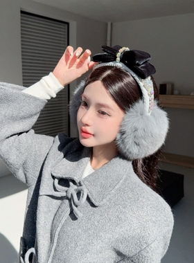 CREAMPP 原创法式复古千金肌理钻饰高颅顶天鹅绒蝴蝶结狐狸毛耳罩