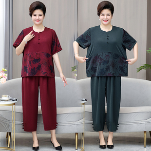 2025新款 两件套夏季 大码 子女装 200斤中老年套装 雪纺T恤裤 妈妈时尚