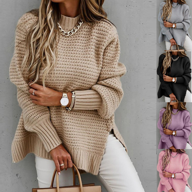 winter women knitted sweater casual half high neck oversized