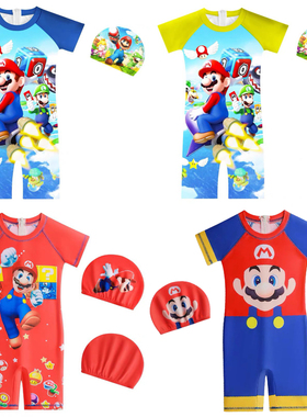 夏季cosplay马里奥泳装男童泳衣 儿童夏季卡通Mario短袖连体泳衣