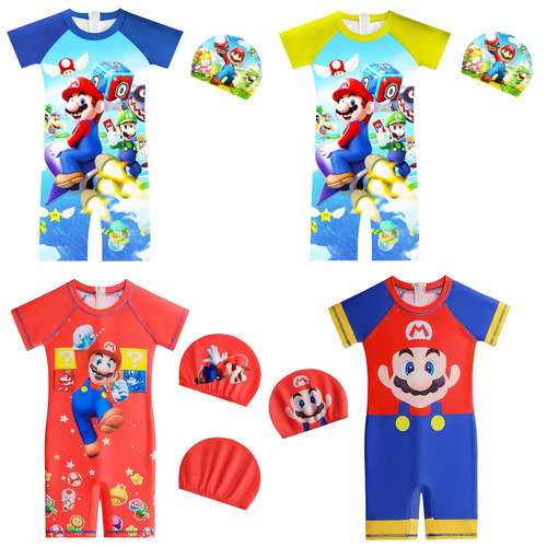 夏季cosplay马里奥泳装男童泳衣 儿童夏季卡通Mario短袖连体泳衣