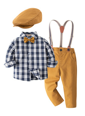 万圣节COSPLA画家演出服 儿童长袖蓝白格子衬衫背带裤 复古扮演服