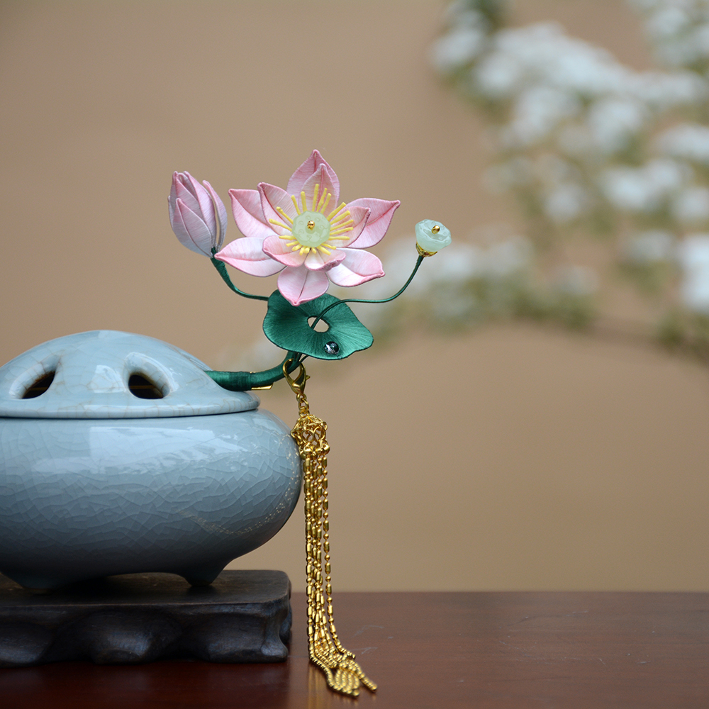 夏夏手作 非遗缠花粉色荷花发簪中式古典莲花头饰古风汉服配饰