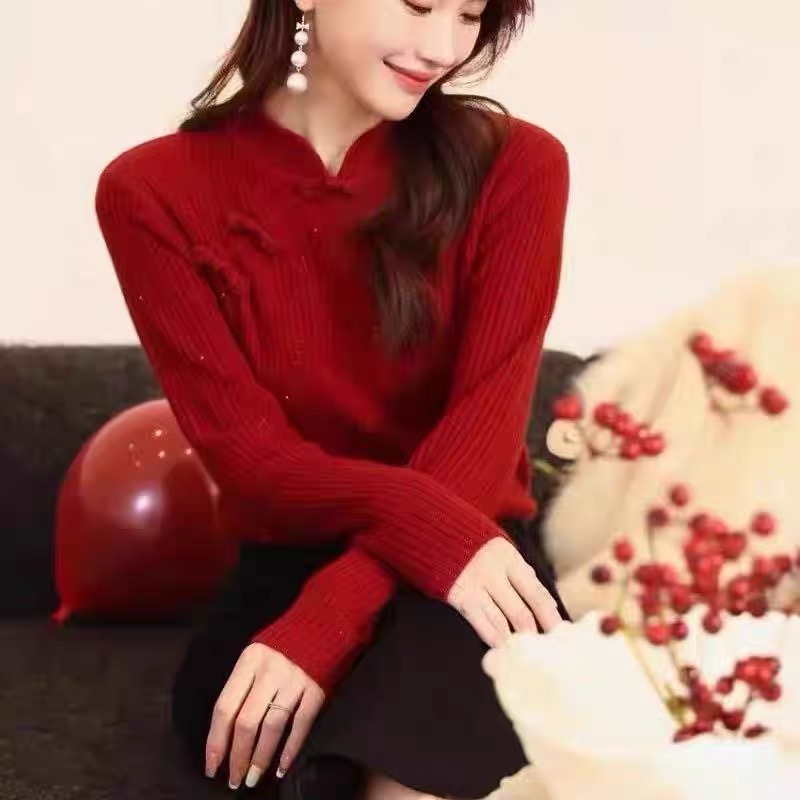 新中式国风立领斜门襟盘扣羊毛针织衫新年过年红色亮片