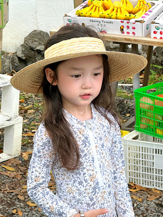 东大门新品 夏季儿童时尚百搭甜美空顶麦秆大帽檐草帽遮阳防晒帽