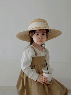 韩国春夏新品 儿童日常百搭沙滩度假遮阳防晒蝴蝶结绑带草编帽子