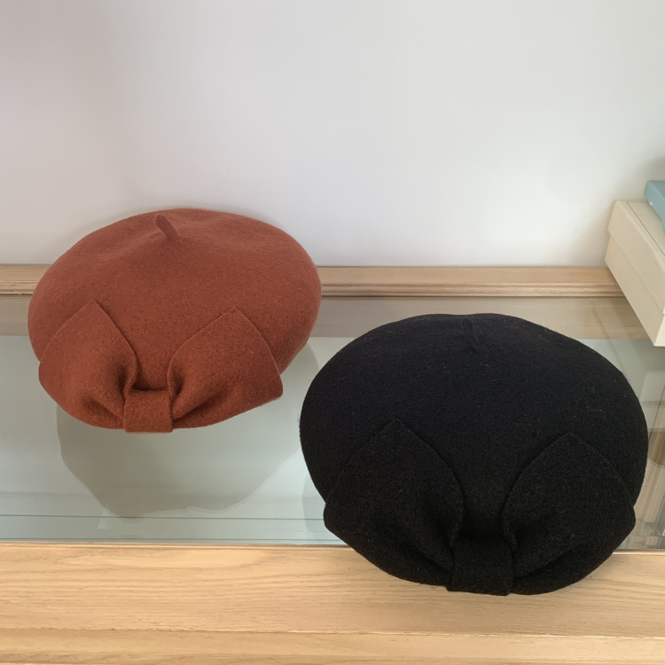 秋冬新品 韩系ins同款甜美可爱蝴蝶结羊毛呢画家帽女童日常蘑菇帽
