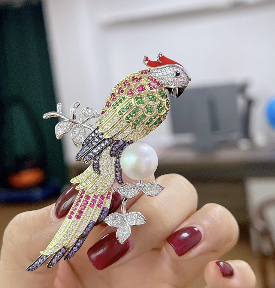 饰雅苑 原创珠宝  高端微镶s925通体纯银 鹦鹉胸针吊坠 生日礼物