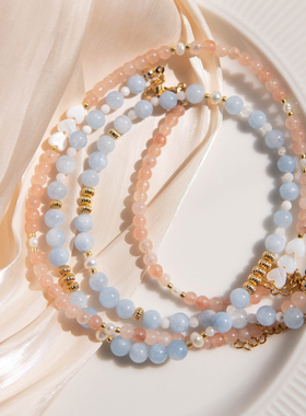 原创法式温柔天然石蓝色粉色玛瑙珍珠爱心百搭锁骨串珠项链女ins